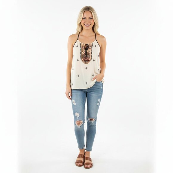 Esley Embroidered Tan Aztec Style Womens Sleeveless Top, Size Large - Picture 1 of 11